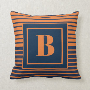 Cojín Decorativo Azul Marino Naranja Rayado Monograma Grande de Mod
