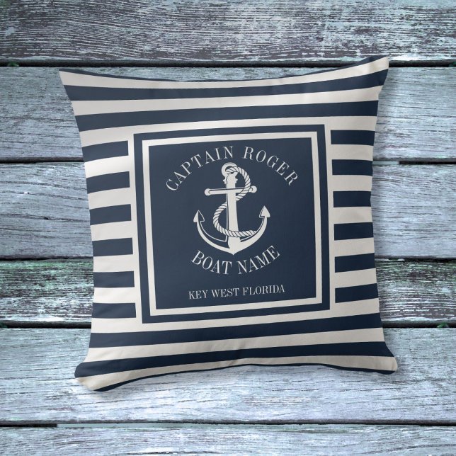 Cojín Decorativo Azul Marino Personalizado Capitán Ancla Náutica (Navy Blue Personalized Captain Nautical Anchor Throw Pillow)