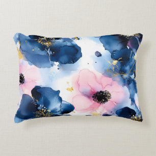 Cojín Decorativo Azul Marino Rosado Dorado Floral Acuarela