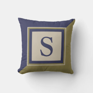 Cojín Decorativo Azul Marino Verde Oliva Beige Monograma Grande