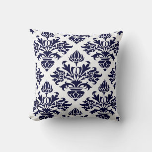 Cojín Decorativo Azul Marino Vintage Floral Damask Grande Blanco BG