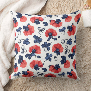 Cojín Decorativo Azul Marino y Amapola Coral Floral Vintage