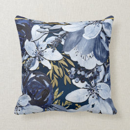 Cojín Decorativo Azul Marino y Dorado Floral Acuarela Moderna Elega