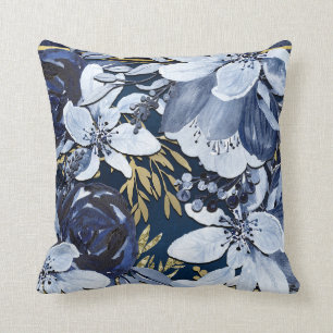 Cojín Decorativo Azul Marino y Dorado Floral Acuarela Moderna Elega
