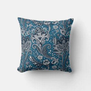 Cojín Decorativo Azul Marino y Floral de Paisley Bohemio Boho Blanc