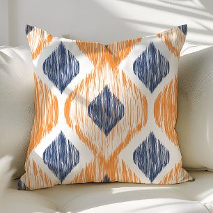 Cojín Decorativo Azul Marino y Naranja Patrón Ikat Ogee