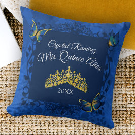 Cojín Decorativo Azul, mariposa dorada Tiara Quinceanera Pillow