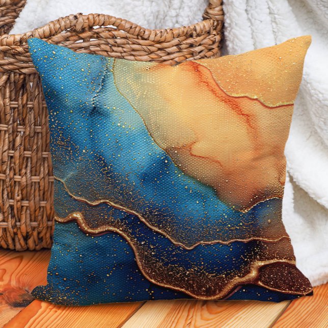 Cojín Decorativo Azul marrón Abstracto Alcohol Tinta Artística (Teal/blue and orange marbled abstract decorator pillow)