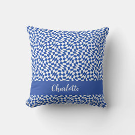 Cojín Decorativo Azul moderno remolino de cuadros retro con nombre