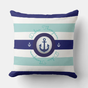 Cojín Decorativo azul náutico rayado y personalizado