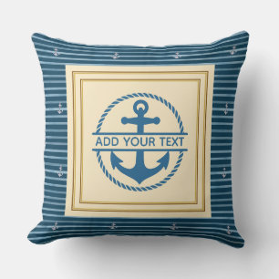Cojín Decorativo Azul Náutico Rayas Blancas - Nombre del Barco Ancl