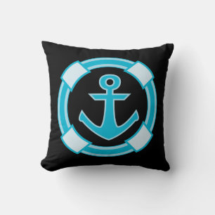 Cojín Decorativo Azul Náutico Turquesa Ancla de Barco Océano Negro
