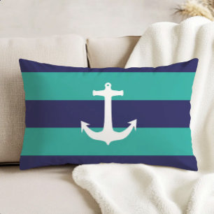 Cojín Decorativo Azul Náutico Turquesa Rayas Ancla Blanca