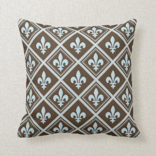 Cojín Decorativo azul pálido, fleur de lis, real, tartán, marrón