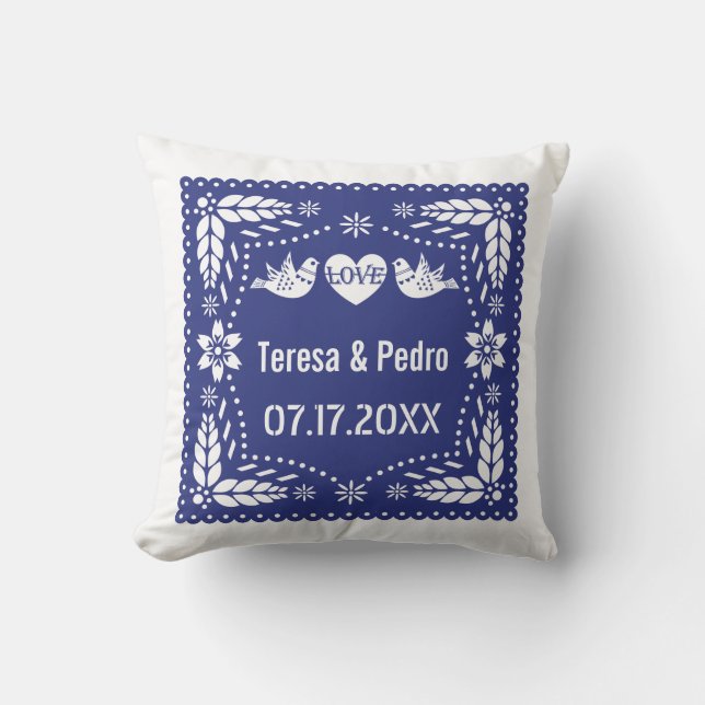 Cojín Decorativo Azul papel picado pájaros amorosos boda fiesta (Anverso)