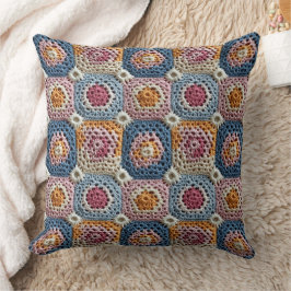 Cojín Decorativo Azul pastel, naranja y rosa, aspecto de ganchillo