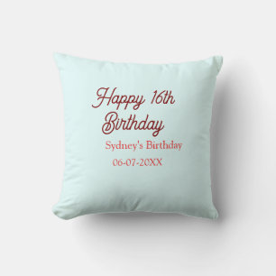 Cojín Decorativo Azul pastel rojo feliz cumpleaños 16 nombre fecha