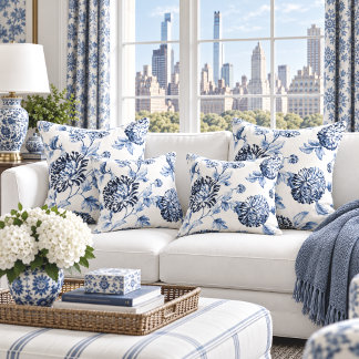 Cojín Decorativo Azul Periwinkle y Floral Blanco Toile No.2