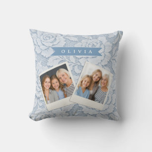 Cojín Decorativo Azul Personalizado de Encaje Floral Elegante Román