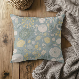 Cojín Decorativo Azul Polvoriento Amarillo Beige Estampado Floral M