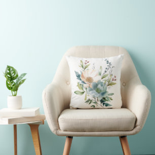 Cojín Decorativo Azul Polvoriento Floral Beige Melocotón Acuarela