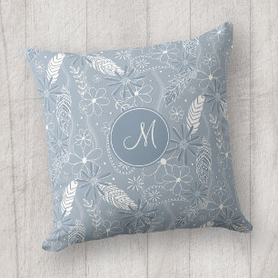 Cojín Decorativo azul polvoriento plumas flores paislies monograma