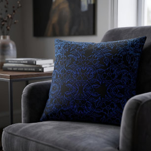 Cojín Decorativo Azul Real Floral Barroco Arte en Negro