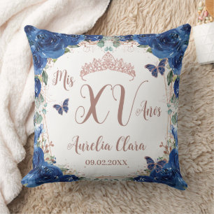 Cojín Decorativo Azul Real Floral Rosa Dorado Quinceañera XV Años