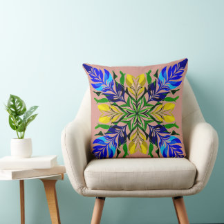 Cojín Decorativo Azul Real y Mandala Floral DoradoBoho Botánico