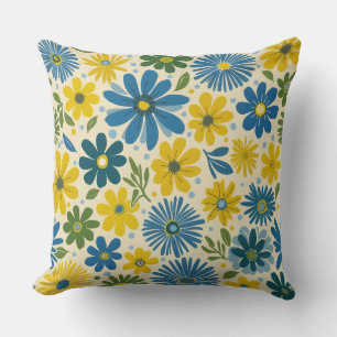 Cojín Decorativo Azul retro y margarita amarilla
