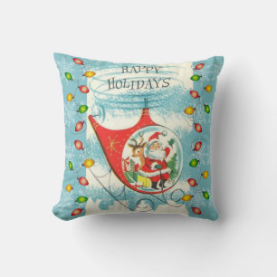 Cojín Decorativo Azul Retro y Papá Noel volando un Helicóptero