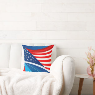 Cojín Decorativo Azul rojo patriótico y olas blancas con estrellas