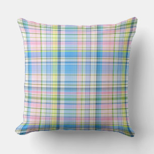 Cojín Decorativo Azul Rosa Amarillo Preppy Madras Blanco