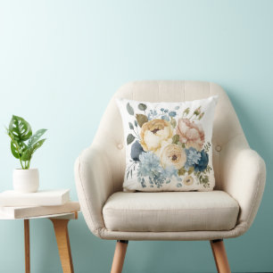 Cojín Decorativo Azul Rosa Blanco Floral Flores Verdor Acuarela