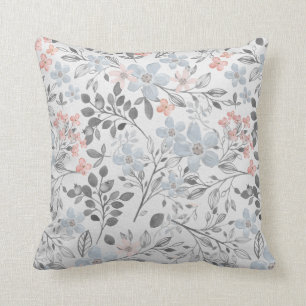 Cojín Decorativo Azul Rosa Gris Floral Botánico Flores Hojas