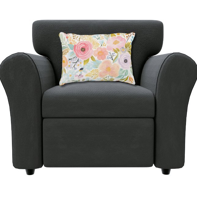 Cojín Decorativo Azul rosa pastel acuarela Floral Botánica (Watercolor Pastels Pink Blue Green Gold Brown Floral Botanical lumbar pillow. Bedroom pillow)