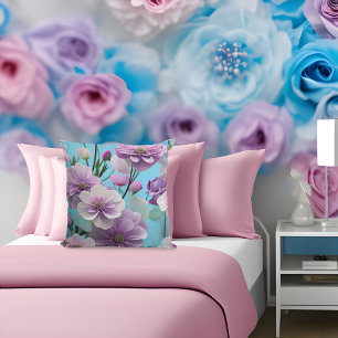 Cojín Decorativo Azul suave flores grandes de seda rosa púrpura