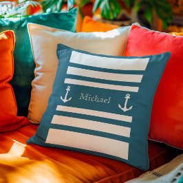 Cojín Decorativo Azul Teal Náutico Rayas Blancas Ancla Nombre
