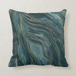 Cojín Decorativo Azul Teal Verde Dorado Olas Abstractas Acuarela