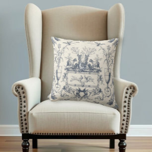 Cojín Decorativo Azul Toile de País Francés Antiguo Pájaros Ovejas 