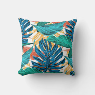 Cojín Decorativo Azul tropical hojas amarillas