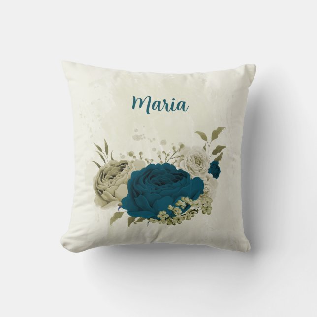 Cojín Decorativo azul turquesa beige floral (Anverso)
