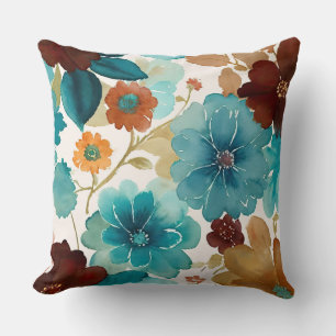 Cojín Decorativo Azul turquesa, rojo, óxido y bronce floral
