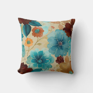 Cojín Decorativo Azul turquesa, rojo, óxido y bronce floral