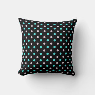 Cojín Decorativo azul turquesa y lunares rosados sobre negro