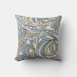 Cojín Decorativo Azul Verde Amarillo Celosía-Pintado a Mano Abstrac
