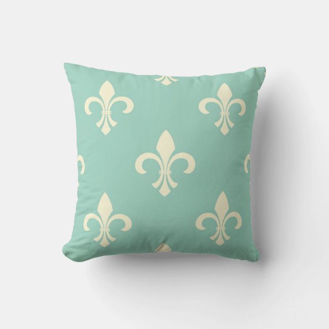 Cojín decorativo azul-verde de Fleur de Lis (Anverso)