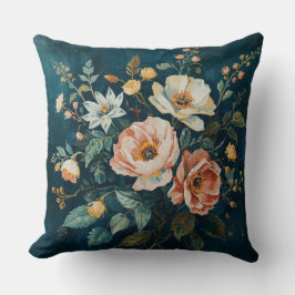 Cojín Decorativo Azul Verde Teal Naranja Floral Vintage Cottagecore
