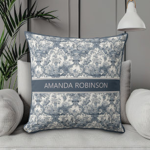 Cojín Decorativo Azul Vintage Floral Damask Toile de Jouy Monograma