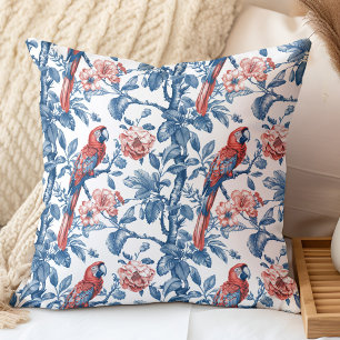 Cojín Decorativo Azul Vintage y Chinoiserie Rojo de Loro y Flor